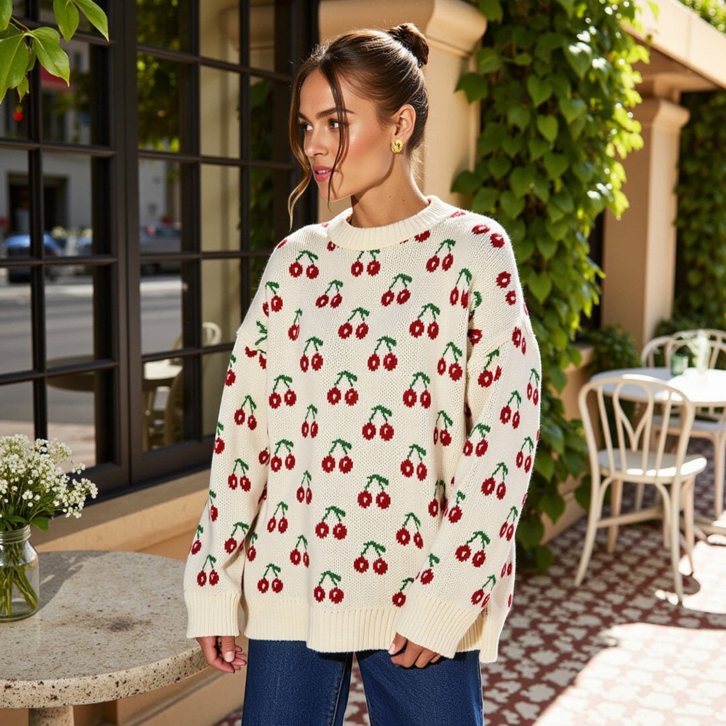 Suéter de punto de manga larga con estampado de cerezas