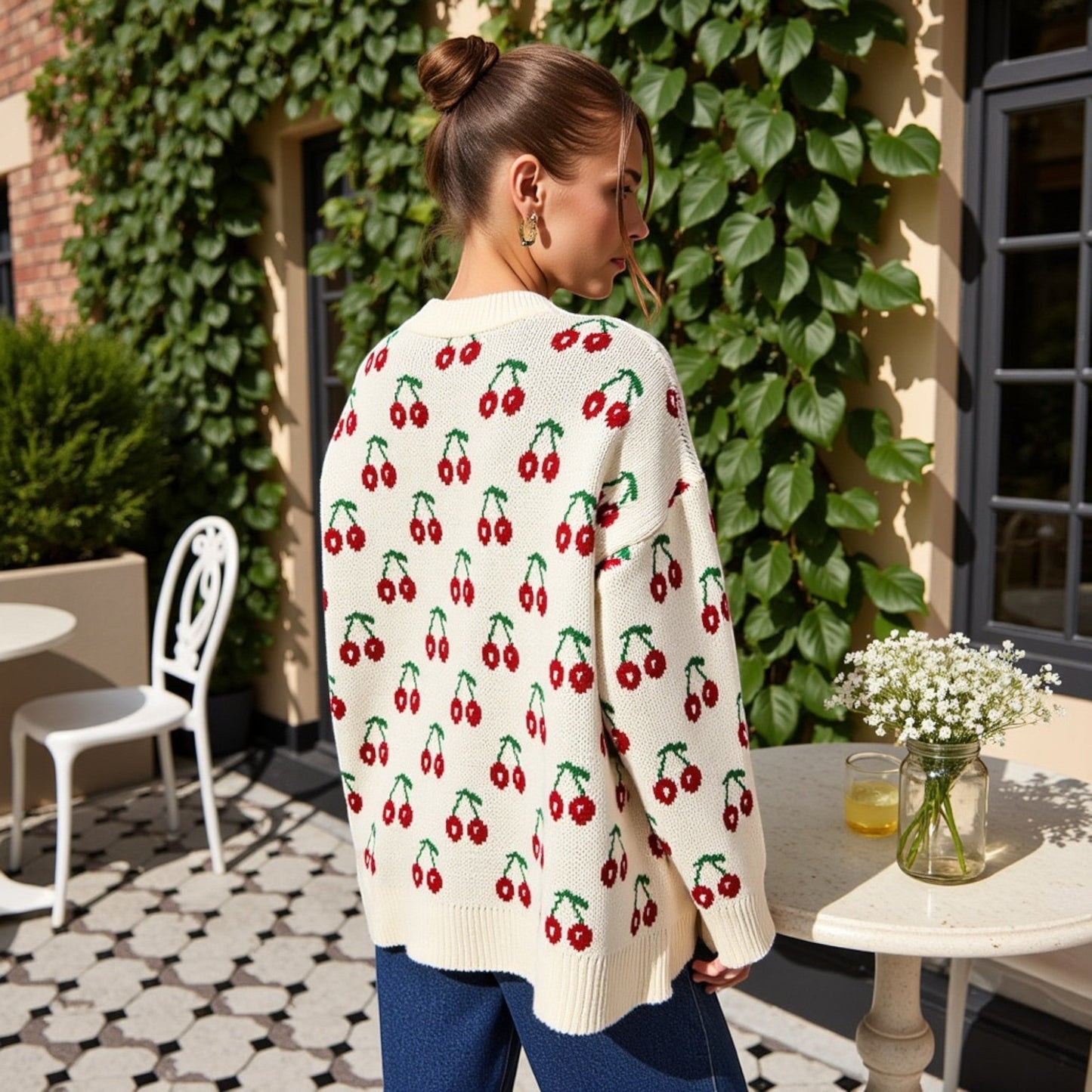 Suéter de punto de manga larga con estampado de cerezas