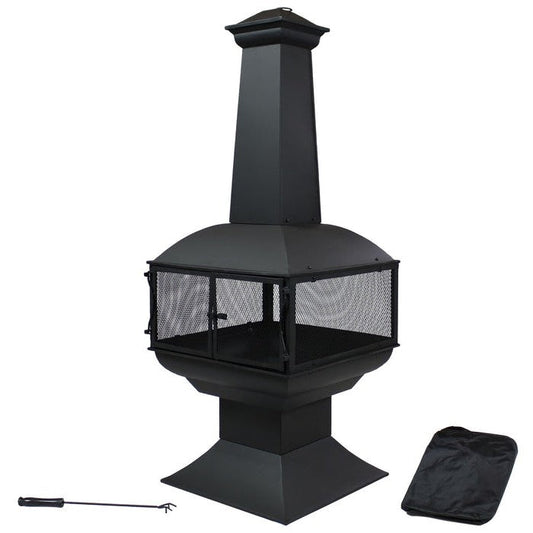 Chimenea grande de acero negro para exteriores con fogón de leña