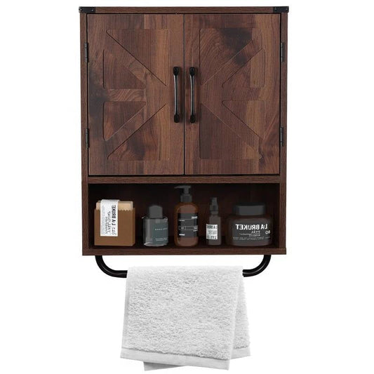 Gabinete de pared de baño estilo casa de campo con toallero en acabado de madera marrón
