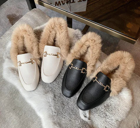 Fleece-Lined Flat Loafers with Rabbit Fur for Women
