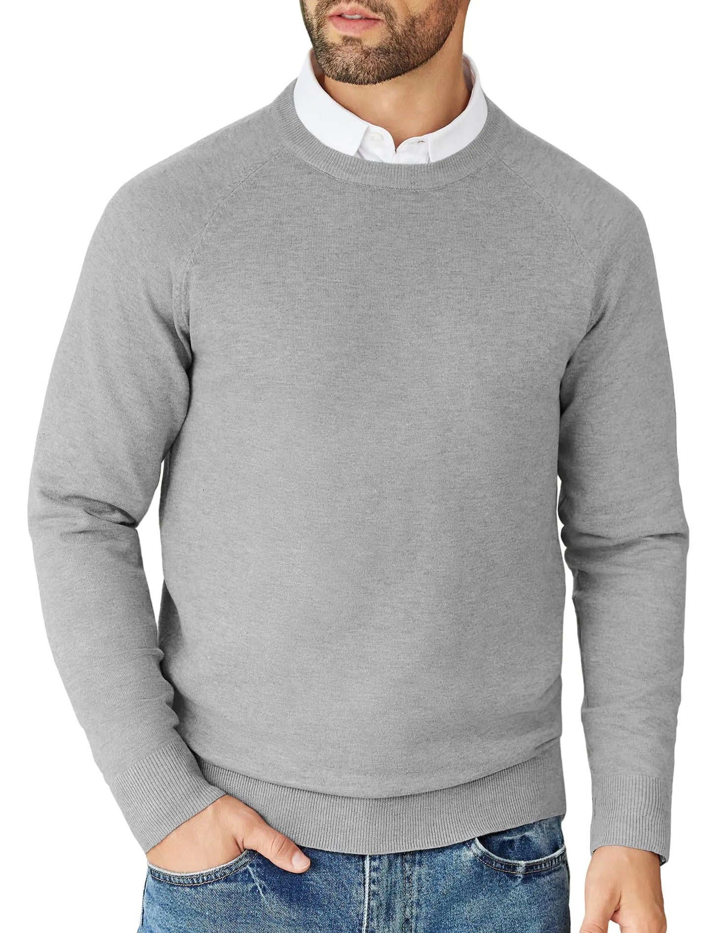 COOFANDY Mens Fitted Crewneck Sweater Ribbed Knit Pullover Sweater Fashion Long Sleeve Crew Neck Sweater Winter Casual Dressy Top Light Grey