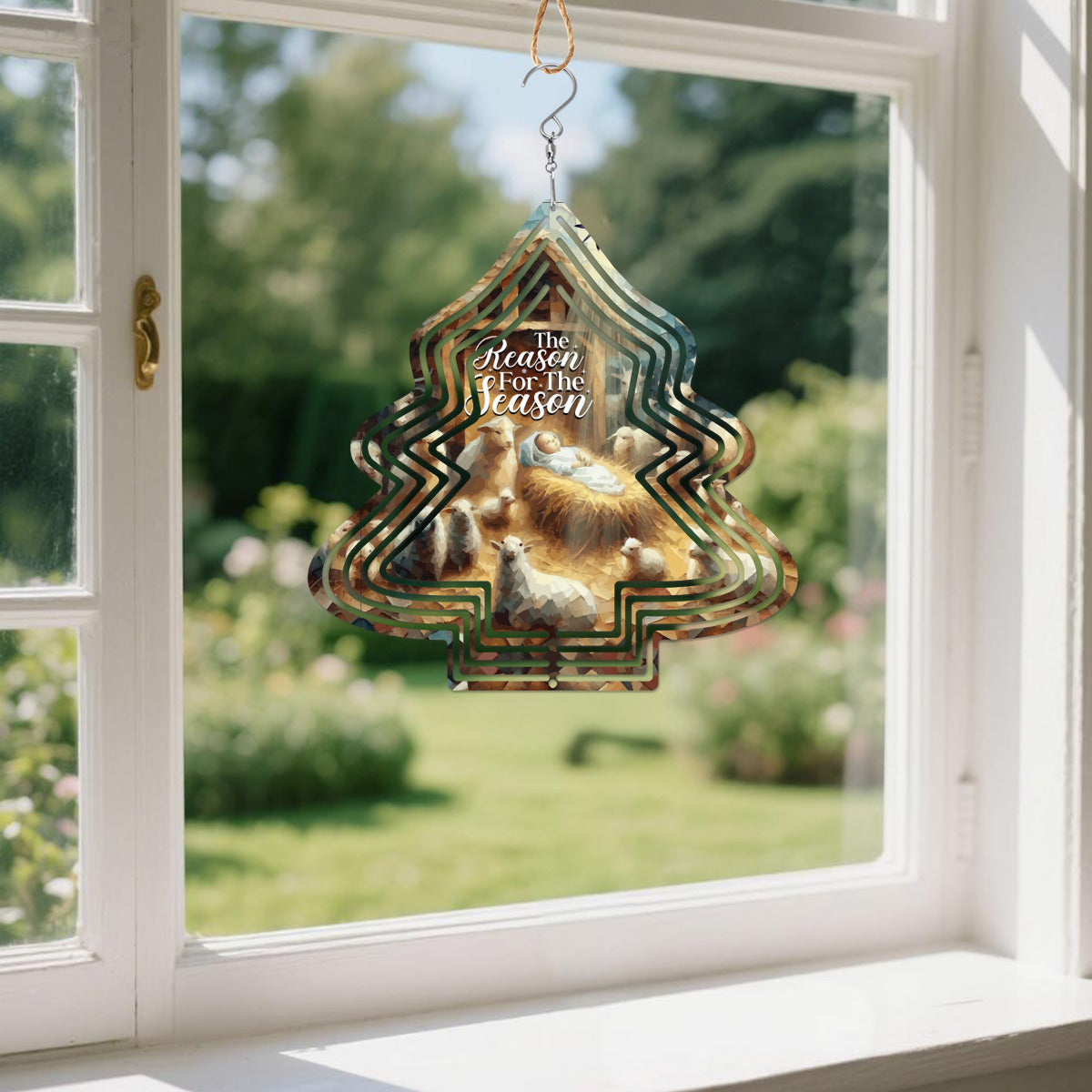 Baby Jesus Reason for the Season Tree Shaped Metal Wind Spinner