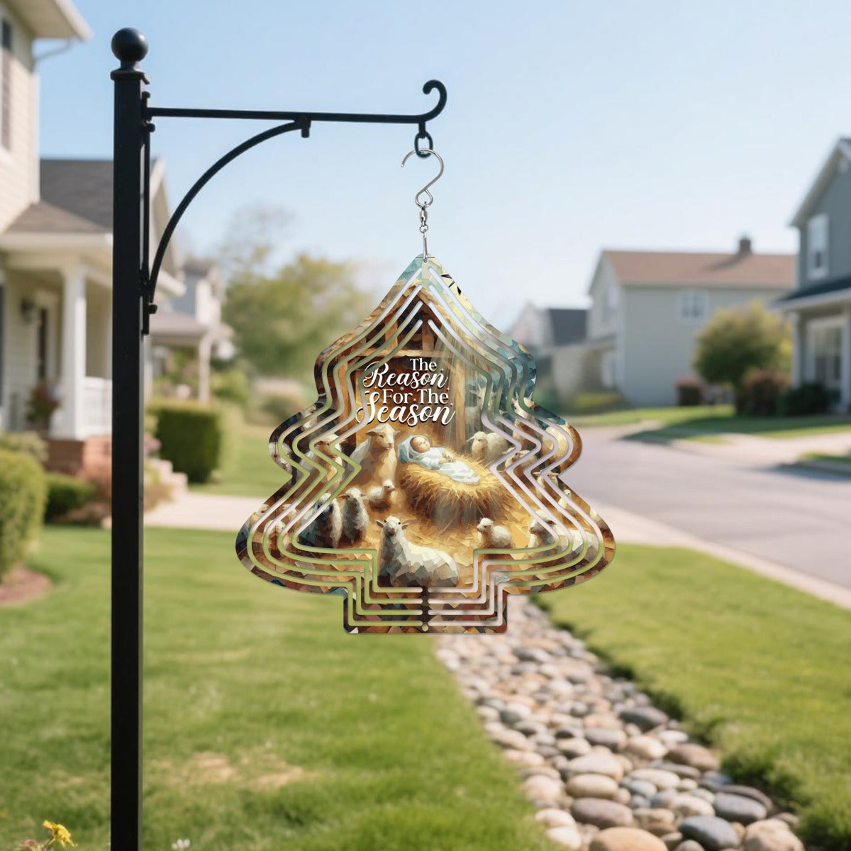 Baby Jesus Reason for the Season Tree Shaped Metal Wind Spinner