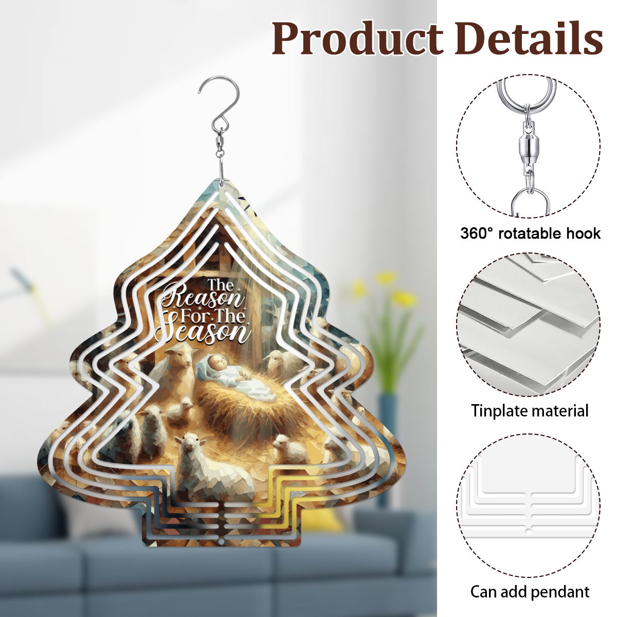 Baby Jesus Reason for the Season Tree Shaped Metal Wind Spinner