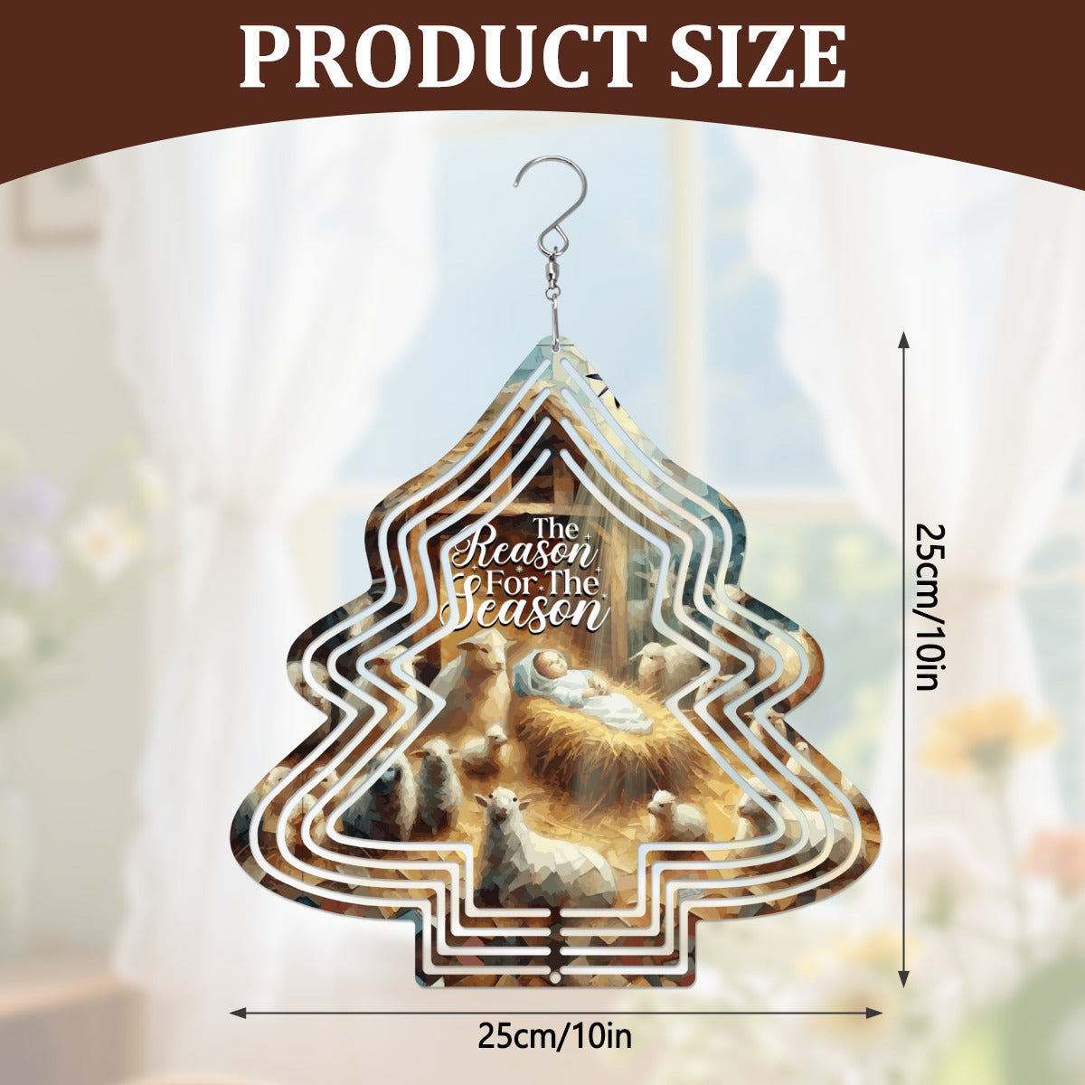 Baby Jesus Reason for the Season Tree Shaped Metal Wind Spinner