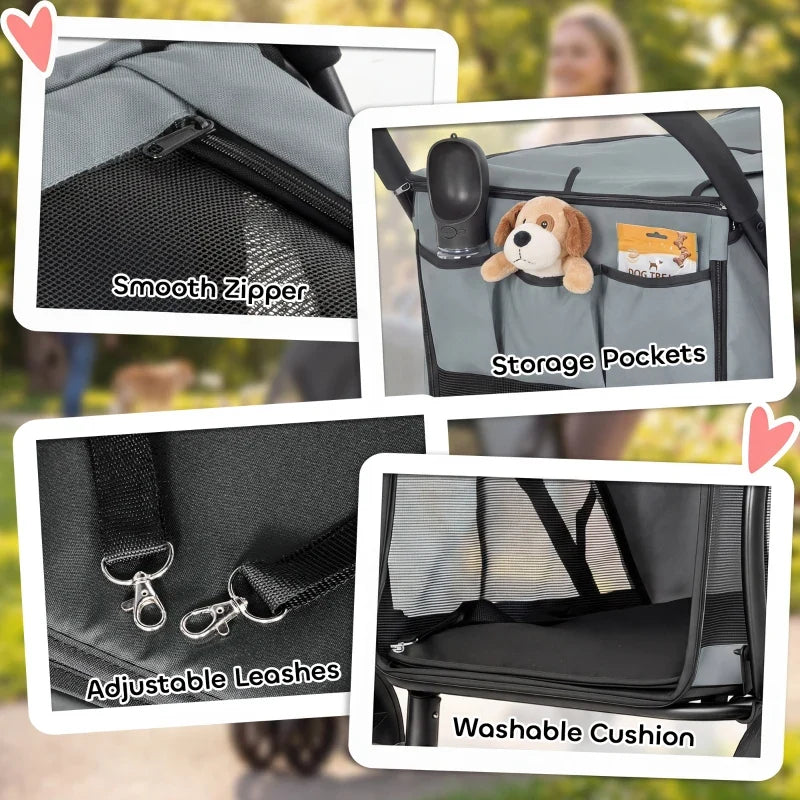 3 Wheel Pet Stroller with Easy One-Click Quick Fold, Mesh Window, Washable Cushion, for Medium Dogs