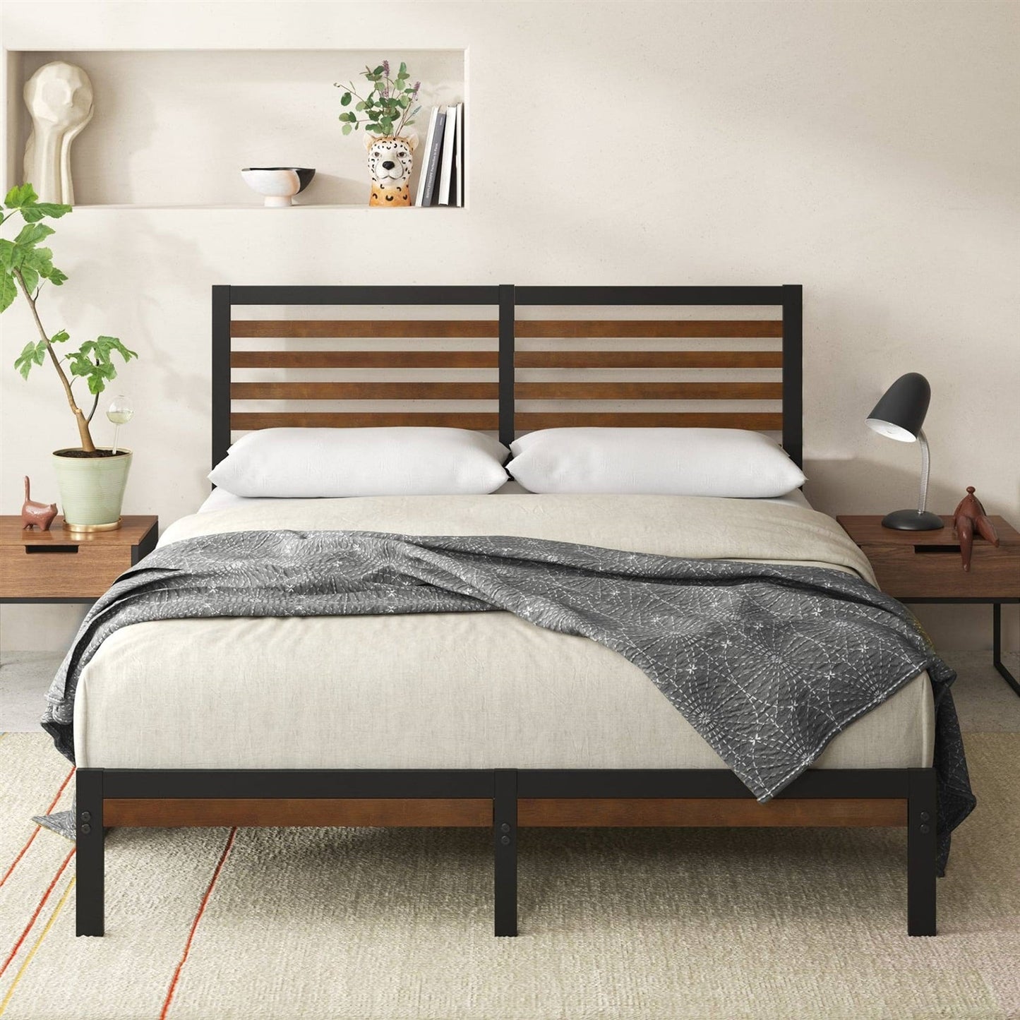 Base de Cama de Plataforma de Metal Completa con Cabecera y Piecera de Listones de Madera de Bambú