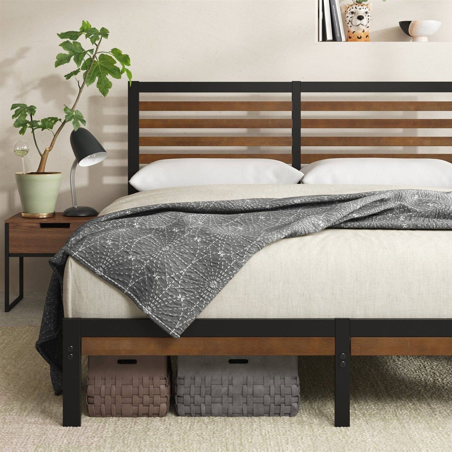 Base de Cama de Plataforma de Metal Completa con Cabecera y Piecera de Listones de Madera de Bambú