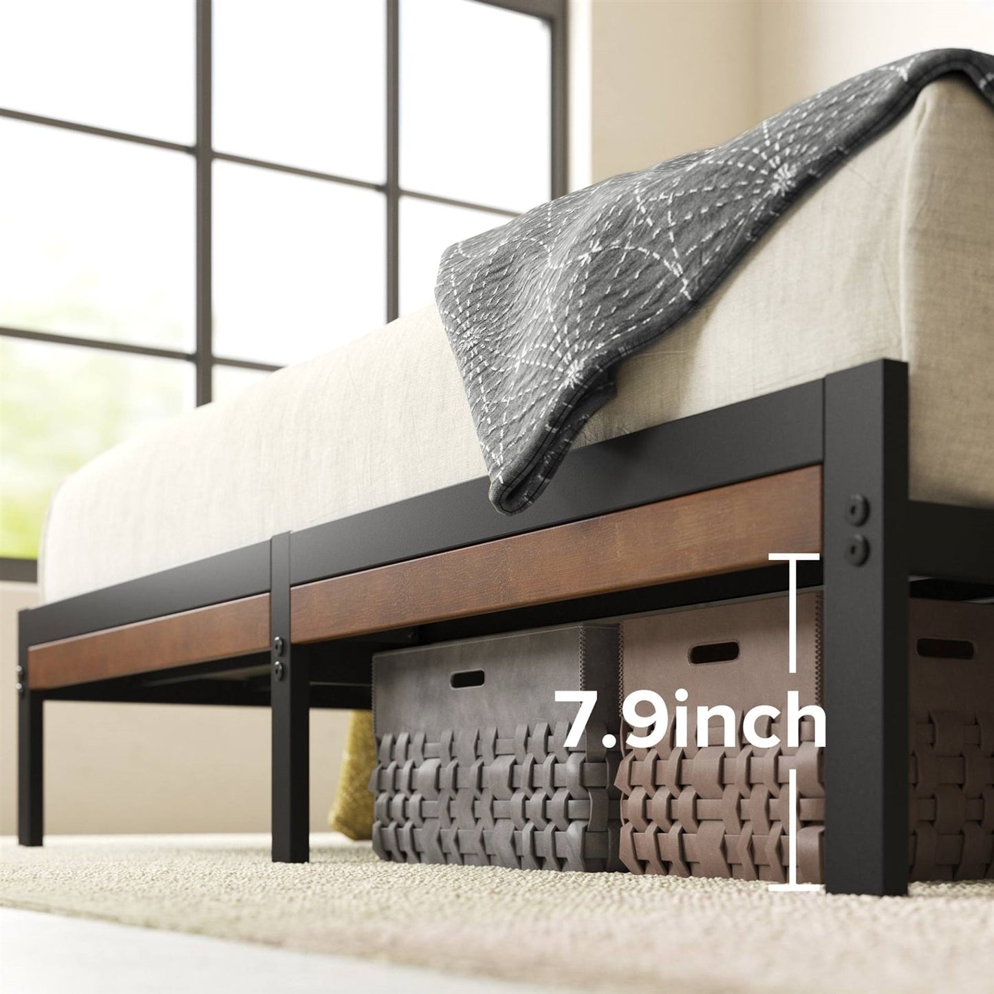 Base de Cama de Plataforma de Metal Completa con Cabecera y Piecera de Listones de Madera de Bambú