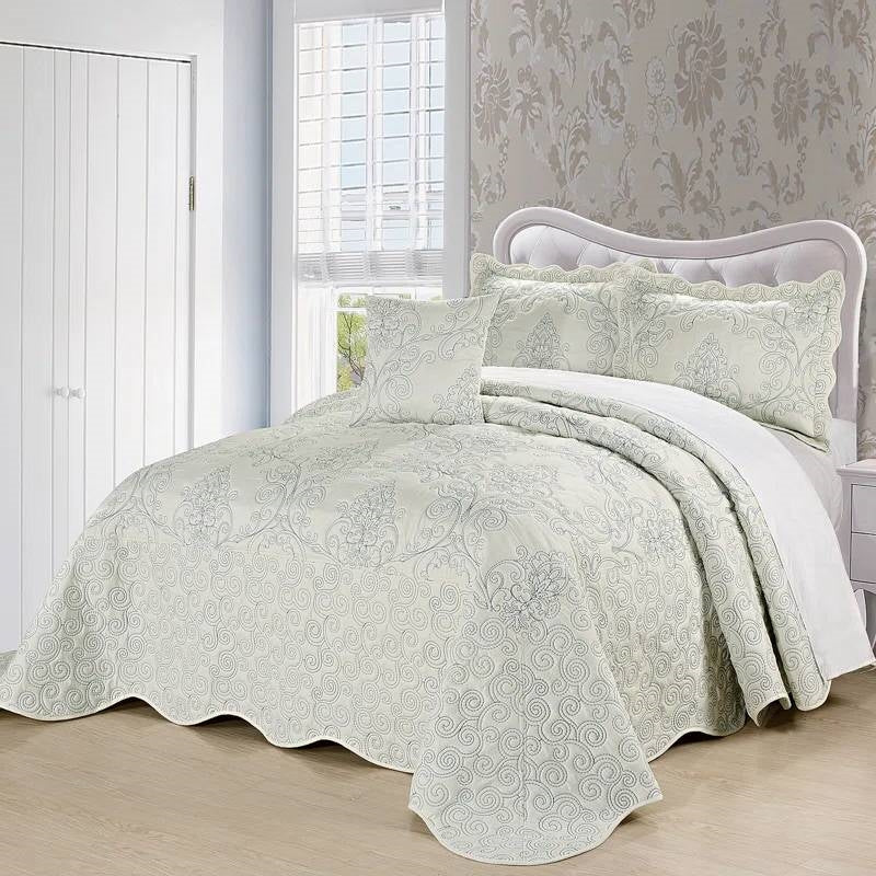 Colcha king size extragrande de 4 piezas con bordado de damasco blanco antiguo