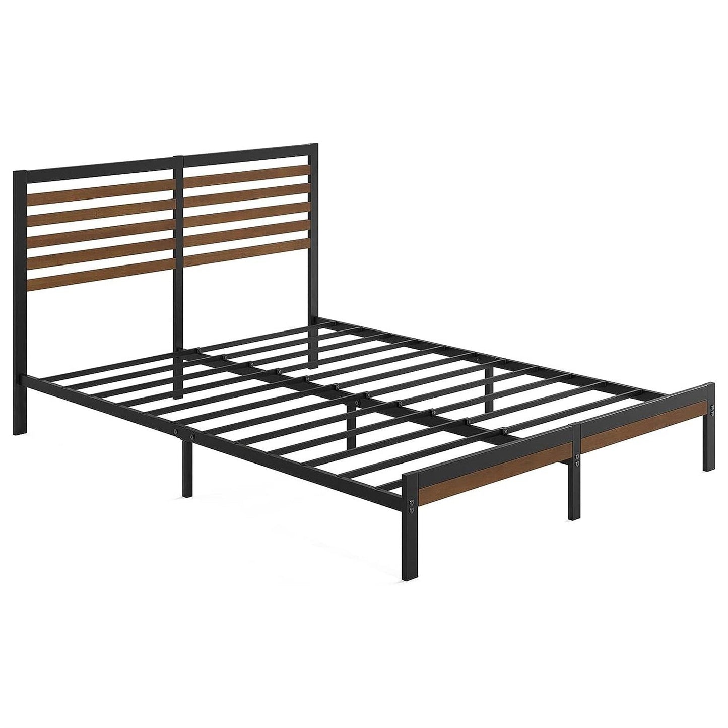 Base de cama con plataforma de metal tamaño queen con cabecero y piecero de madera de bambú
