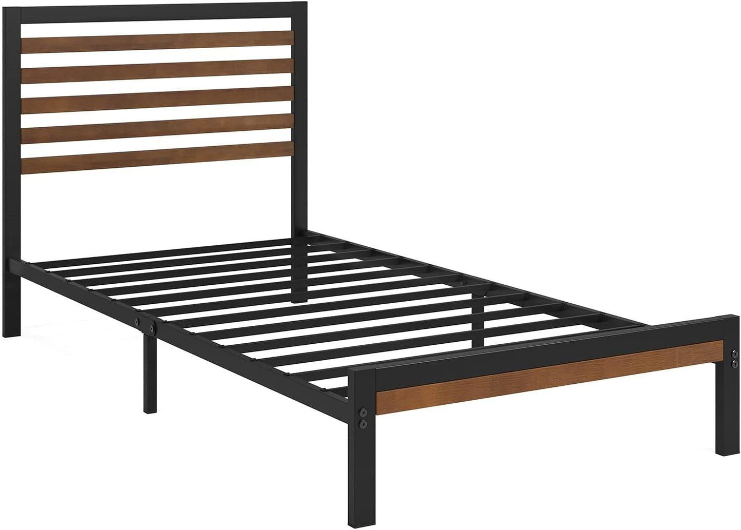 Estructura de cama individual de plataforma de metal con cabecero y pie de cama de bambú laminado