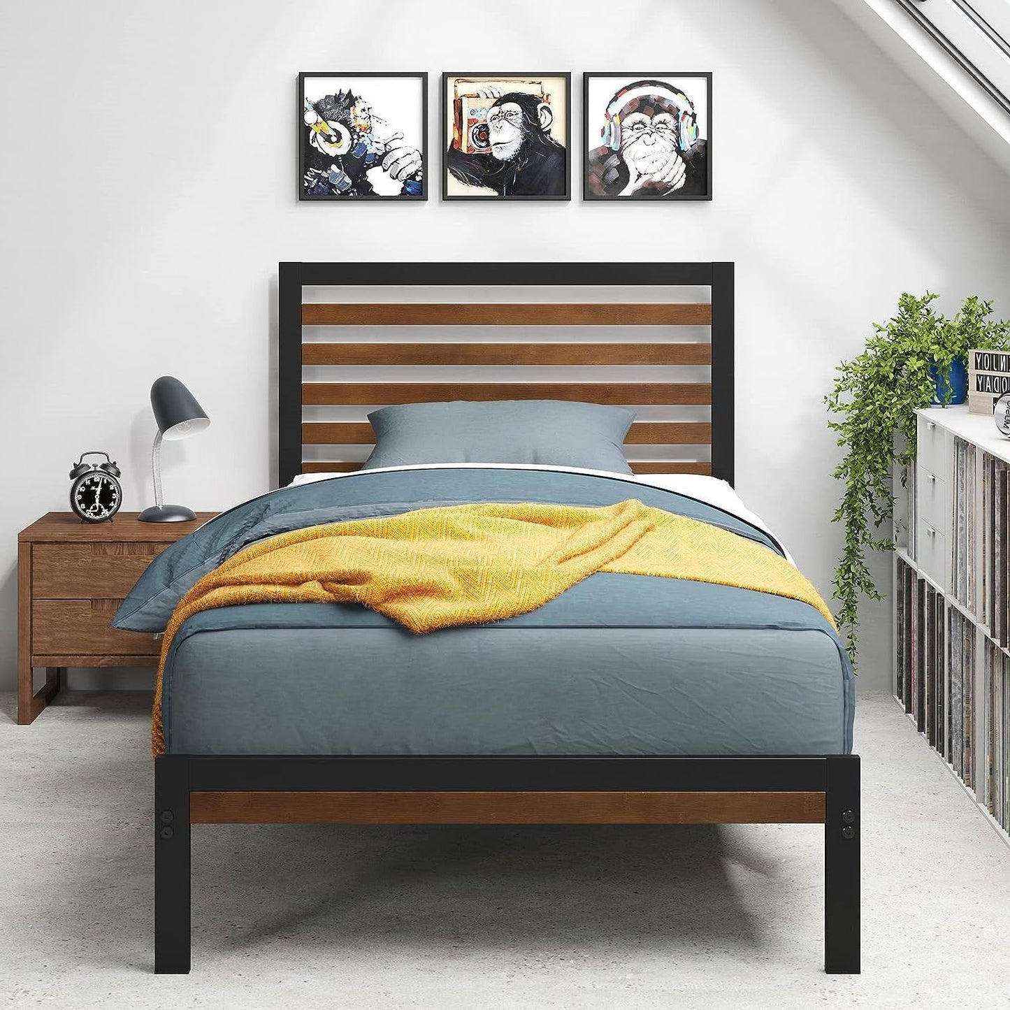 Estructura de cama individual de plataforma de metal con cabecero y pie de cama de bambú laminado