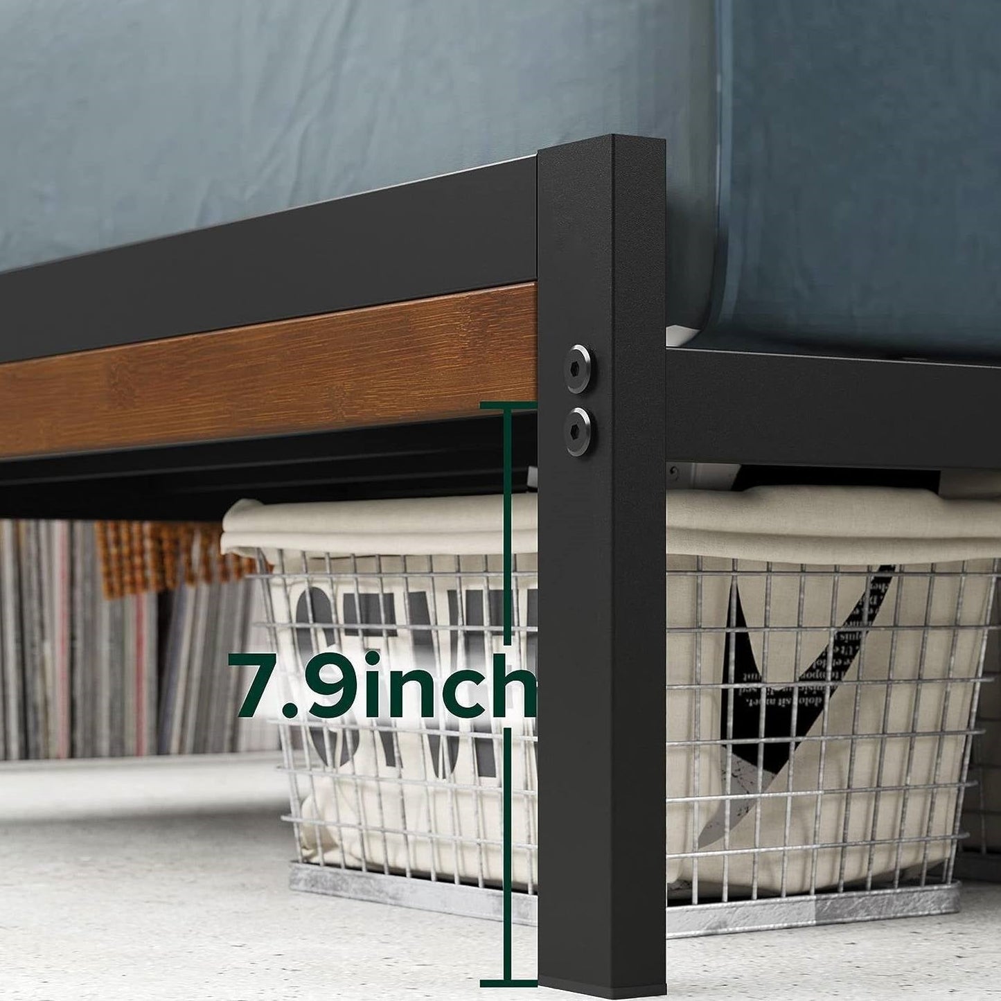 Estructura de cama individual de plataforma de metal con cabecero y pie de cama de bambú laminado