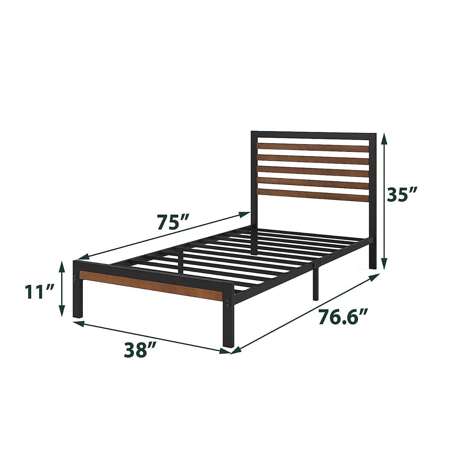 Estructura de cama individual de plataforma de metal con cabecero y pie de cama de bambú laminado