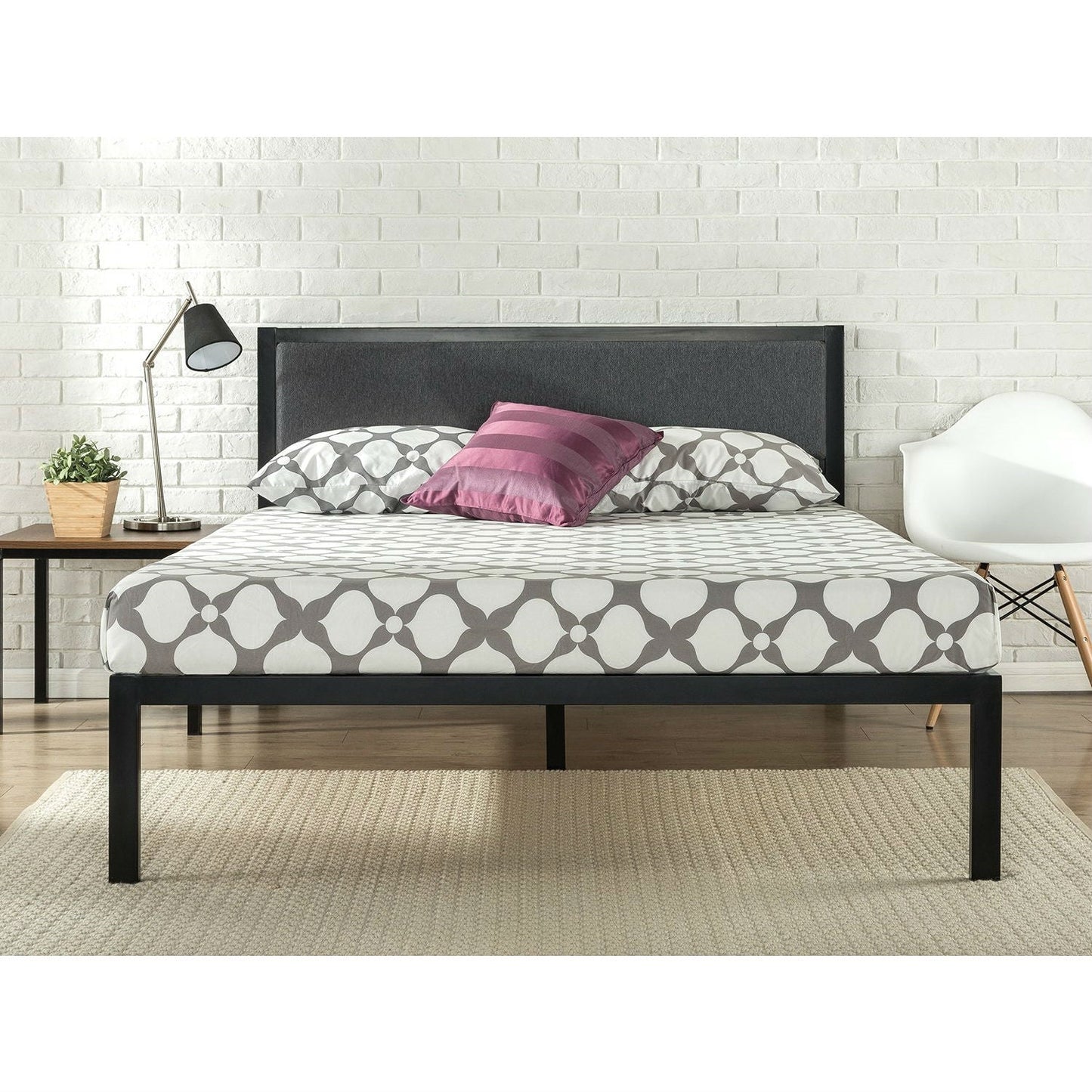 Cama King Size con Estructura Metálica, Base de Listones de Madera y Cabecero Tapizado
