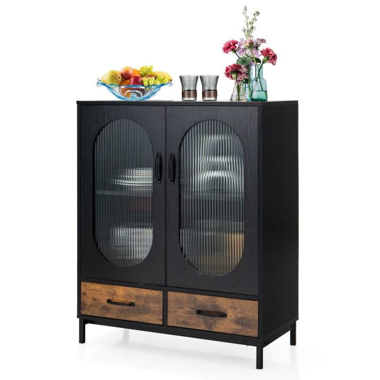 Aparador moderno de metal y madera en negro y marrón con puertas de cristal para comedor