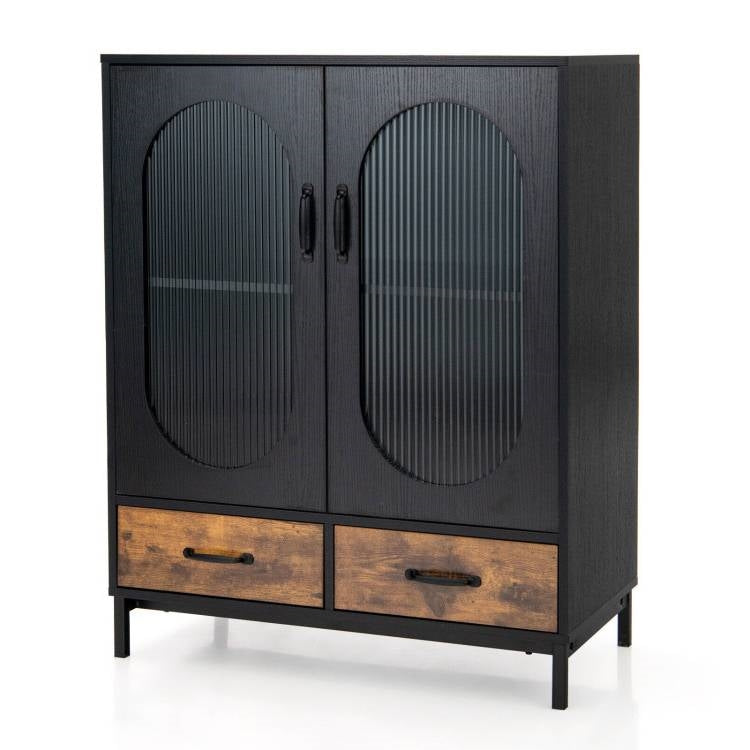 Aparador moderno de metal y madera en negro y marrón con puertas de cristal para comedor