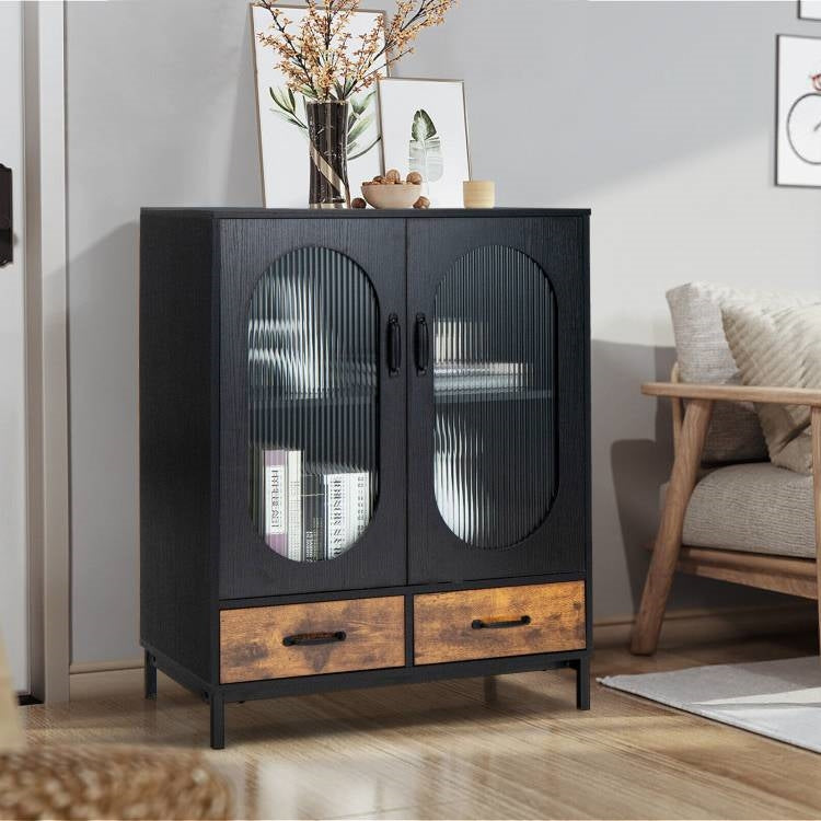 Aparador moderno de metal y madera en negro y marrón con puertas de cristal para comedor