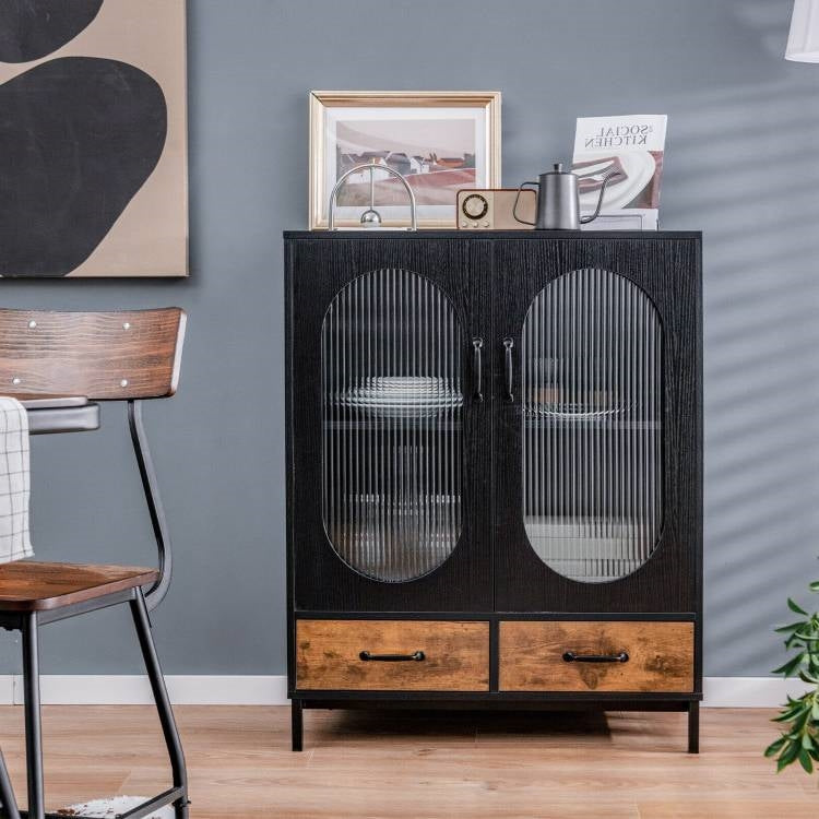Aparador moderno de metal y madera en negro y marrón con puertas de cristal para comedor