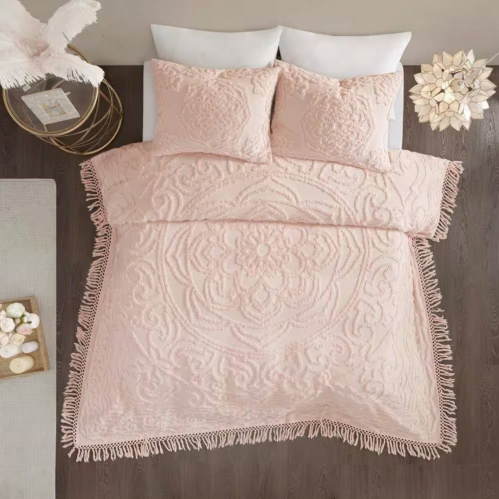 Colcha chenilla King 100 % algodón con dobladillo de flecos en rosa claro