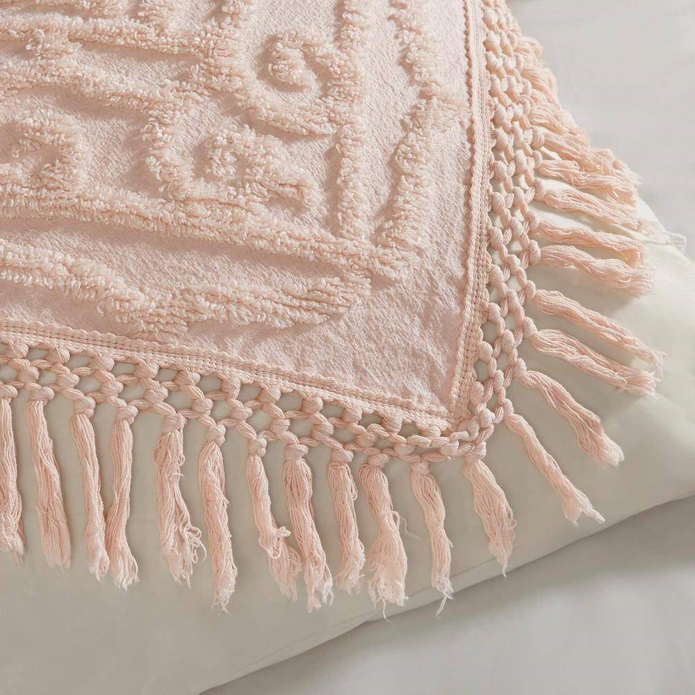 Colcha chenilla King 100 % algodón con dobladillo de flecos en rosa claro