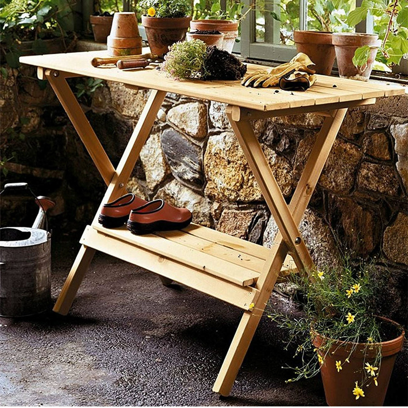Mesa de trabajo/Trasplante de madera para jardín (interior/exterior) con estante inferior