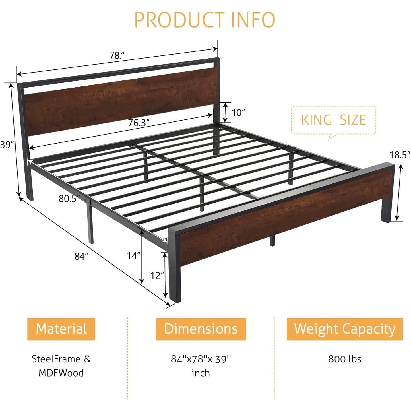 Base de cama de plataforma King de metal con cabecero y piecero de madera de caoba