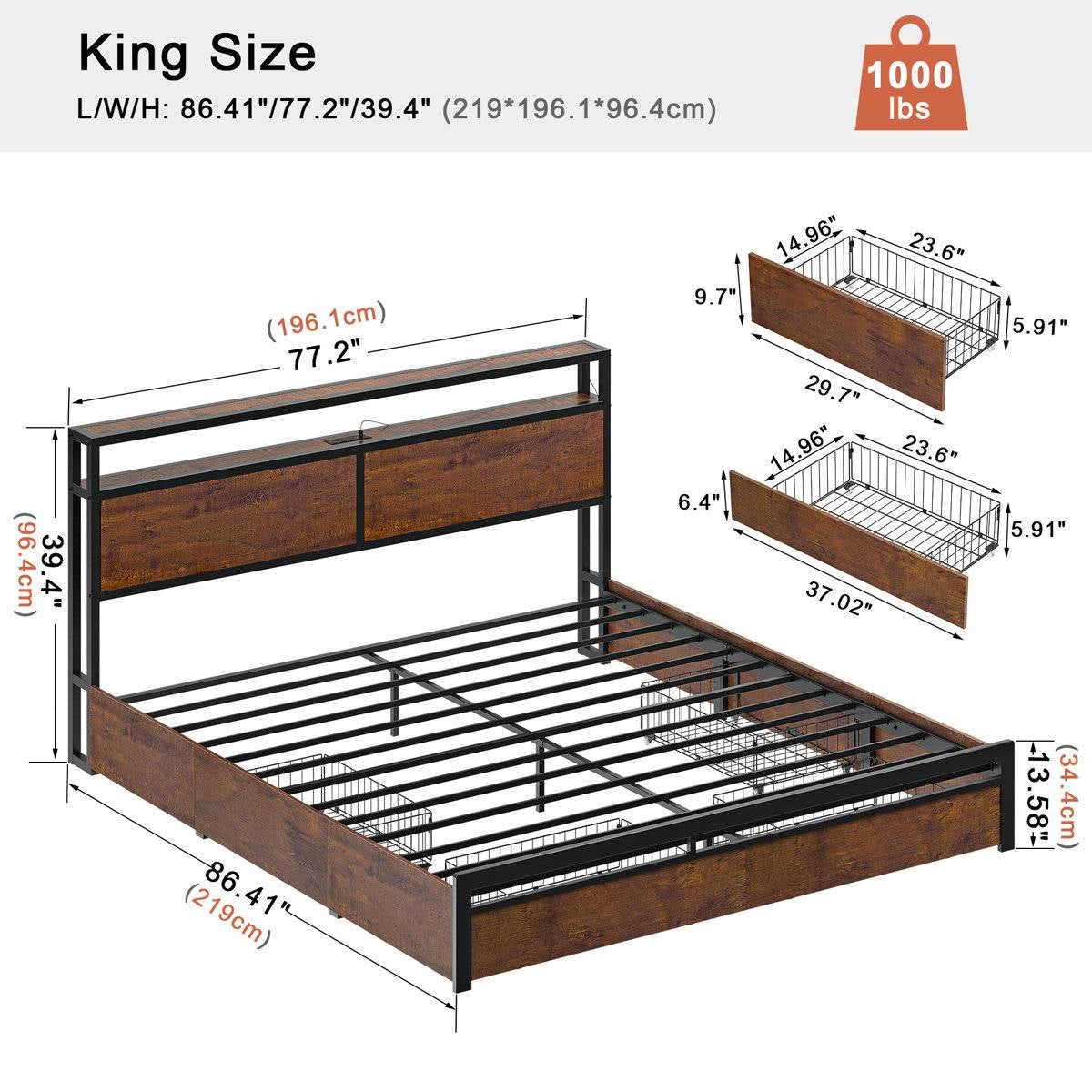 Cama plataforma tamaño King con cabecero y cajones de almacenamiento en acabado de madera marrón