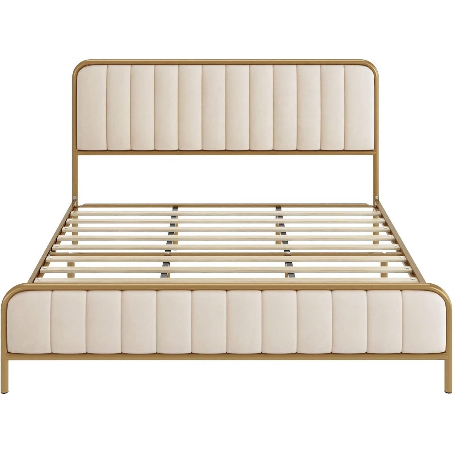 Base de cama tamaño King de metal dorado con cabecero tapizado en blanco roto