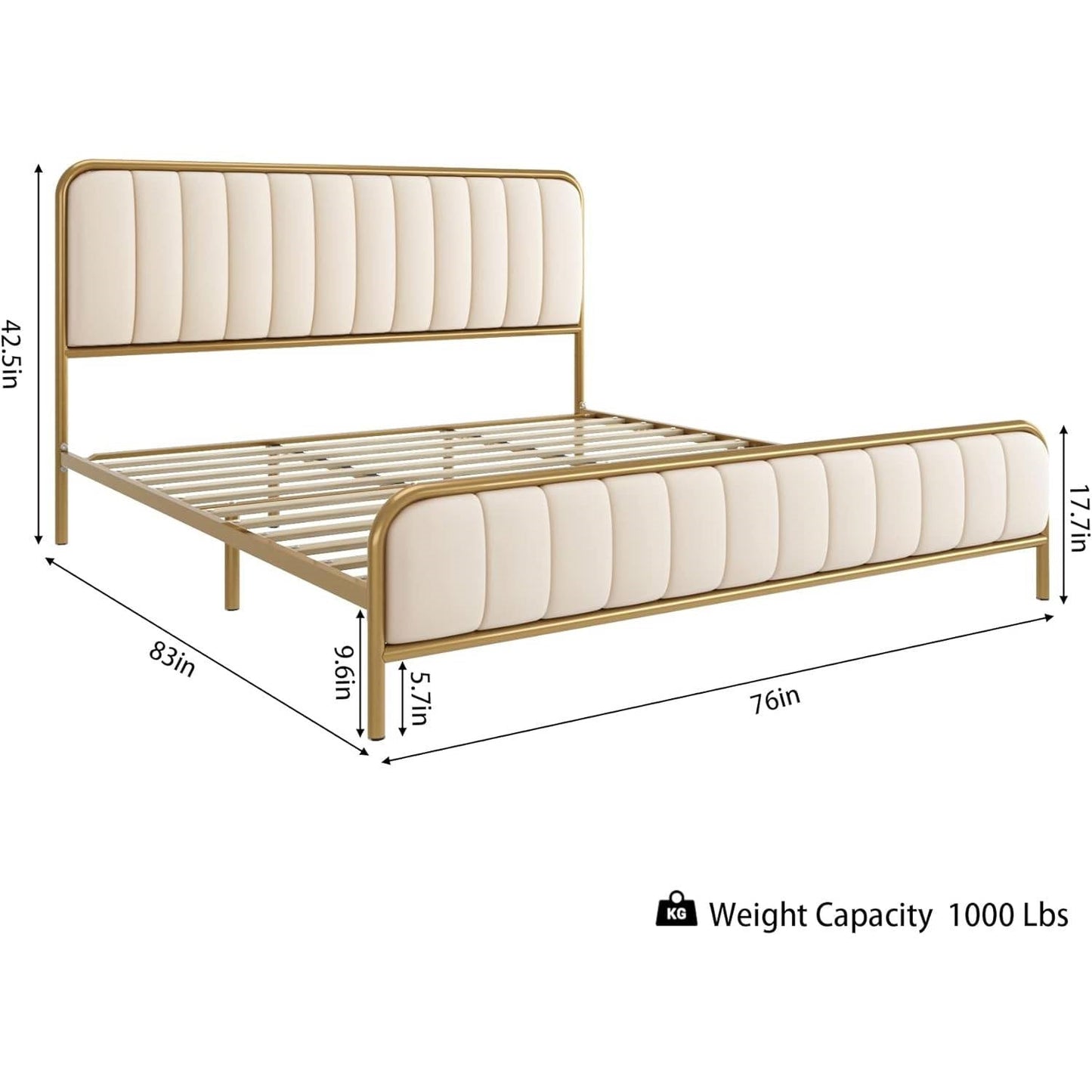 Base de cama tamaño King de metal dorado con cabecero tapizado en blanco roto