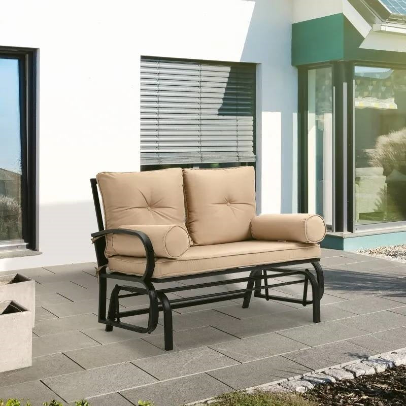 Mecedora doble planeadora para patio de jardín exterior con cojines color caqui claro
