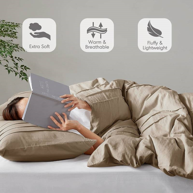 Juego de edredón de microfibra plisado suave y ligero para cama individual/individual XL, color canela caqui