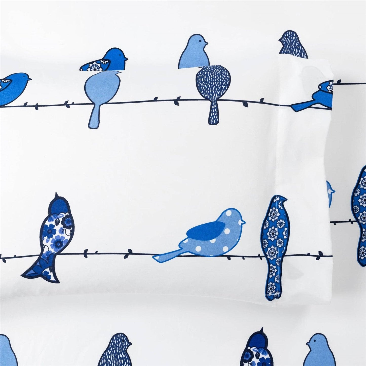 Juego de sábanas King size de 6 piezas de poliéster suave con diseño floral de aves en alambre azul y blanco