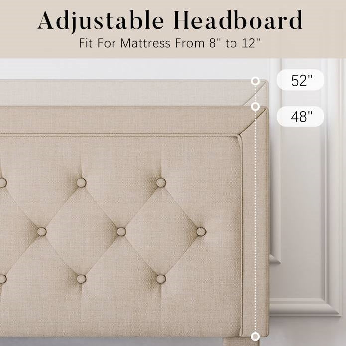 Base de cama tipo plataforma King con altura ajustable y cabecero tapizado en color beige