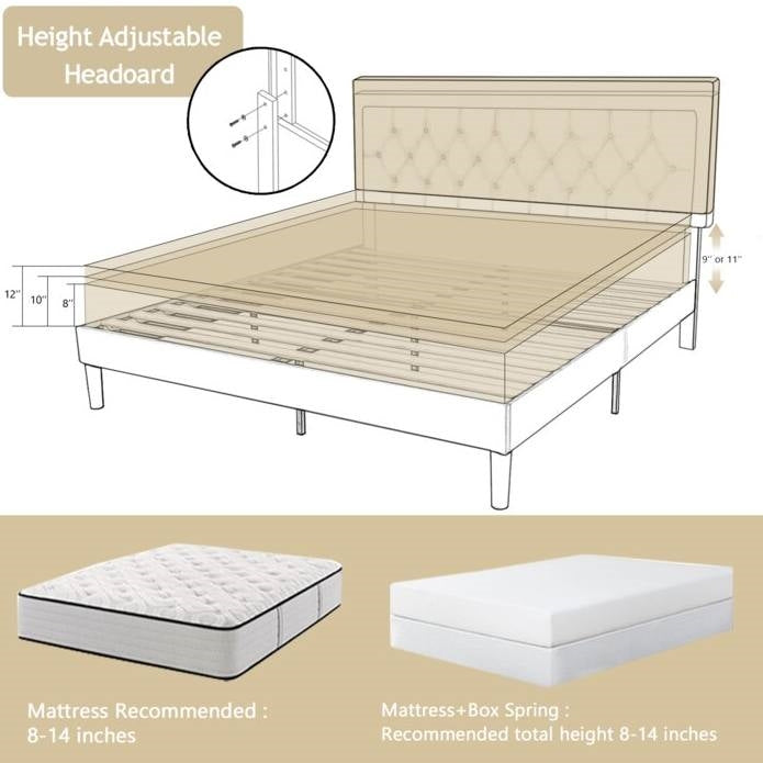 Base de cama tipo plataforma King con altura ajustable y cabecero tapizado en color beige