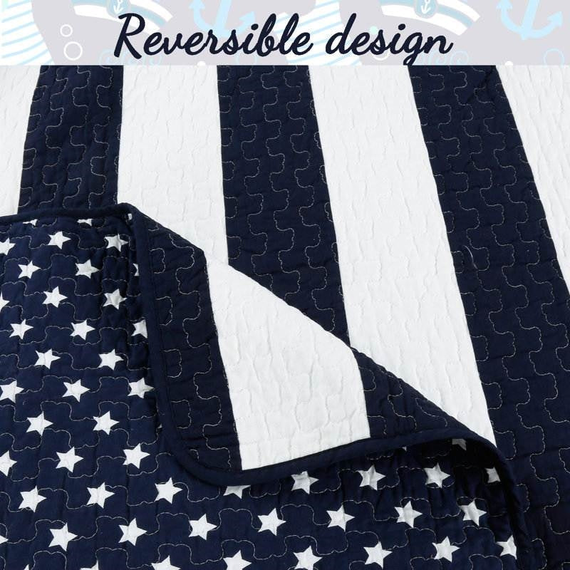 Juego de colcha King de 3 piezas reversible, estrellas y rayas azul marino y blanco, 100 % algodón