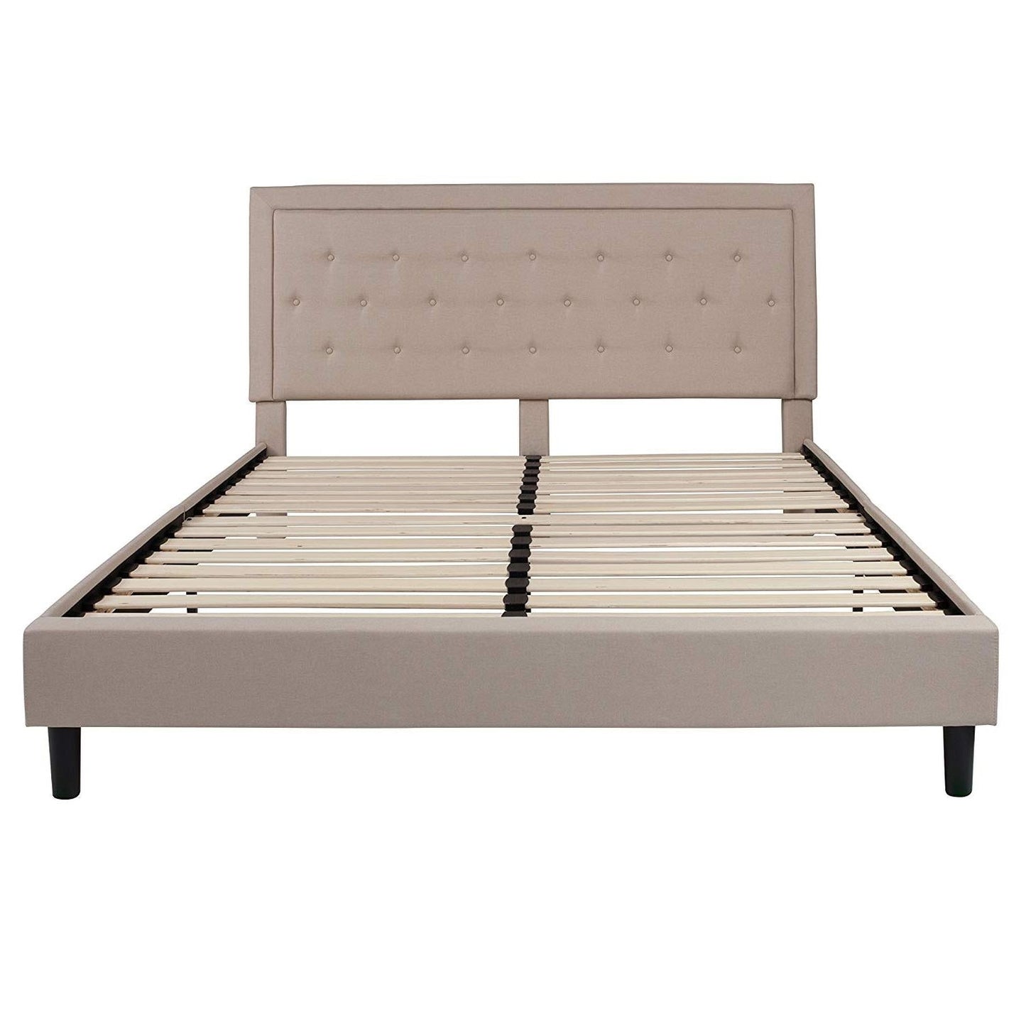 Base de cama King tapizada en beis con cabecero capitoné