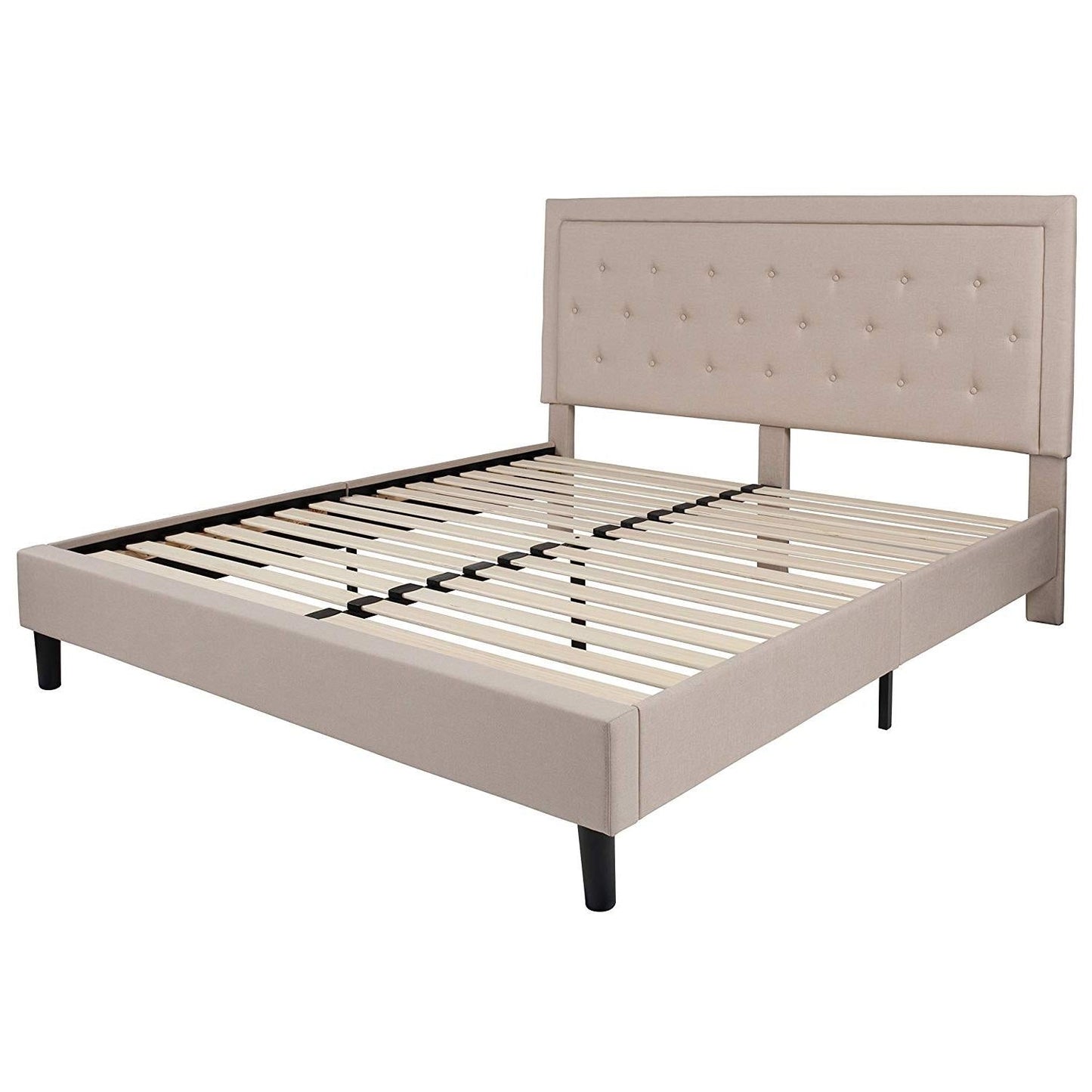 Base de cama King tapizada en beis con cabecero capitoné