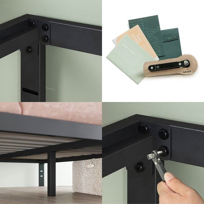 Base de cama de plataforma King Black Metal con listones de madera - Capacidad de peso de 700 lb