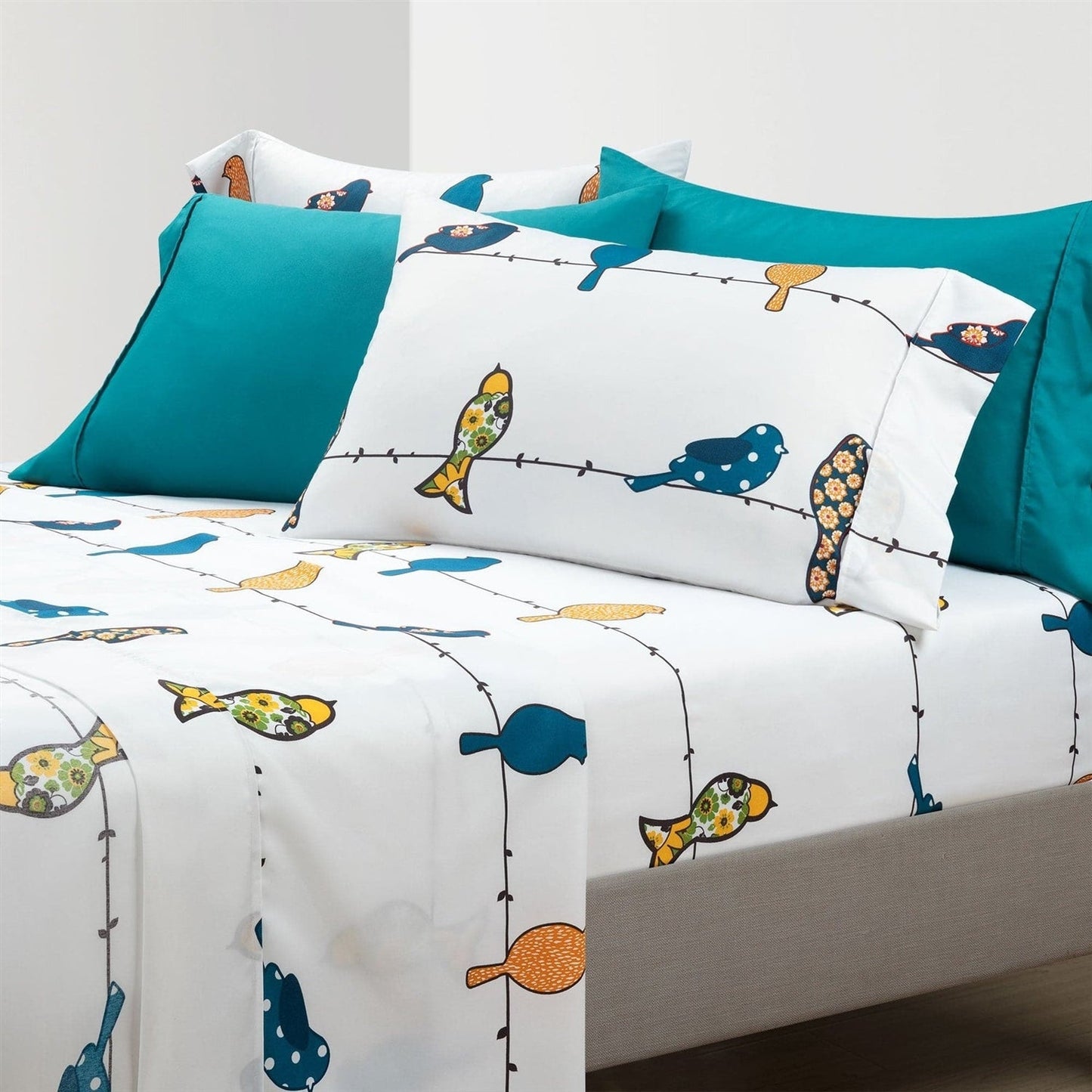 Juego de sábanas King de 6 piezas de poliéster suave con diseño floral de pájaros en un cable color verde azulado, amarillo y blanco