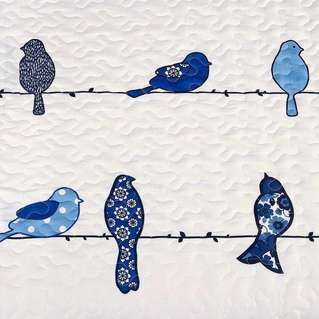 Juego de edredón liviano de 7 piezas tamaño King con diseño floral de pájaros en un alambre, azul, blanco y azul marino