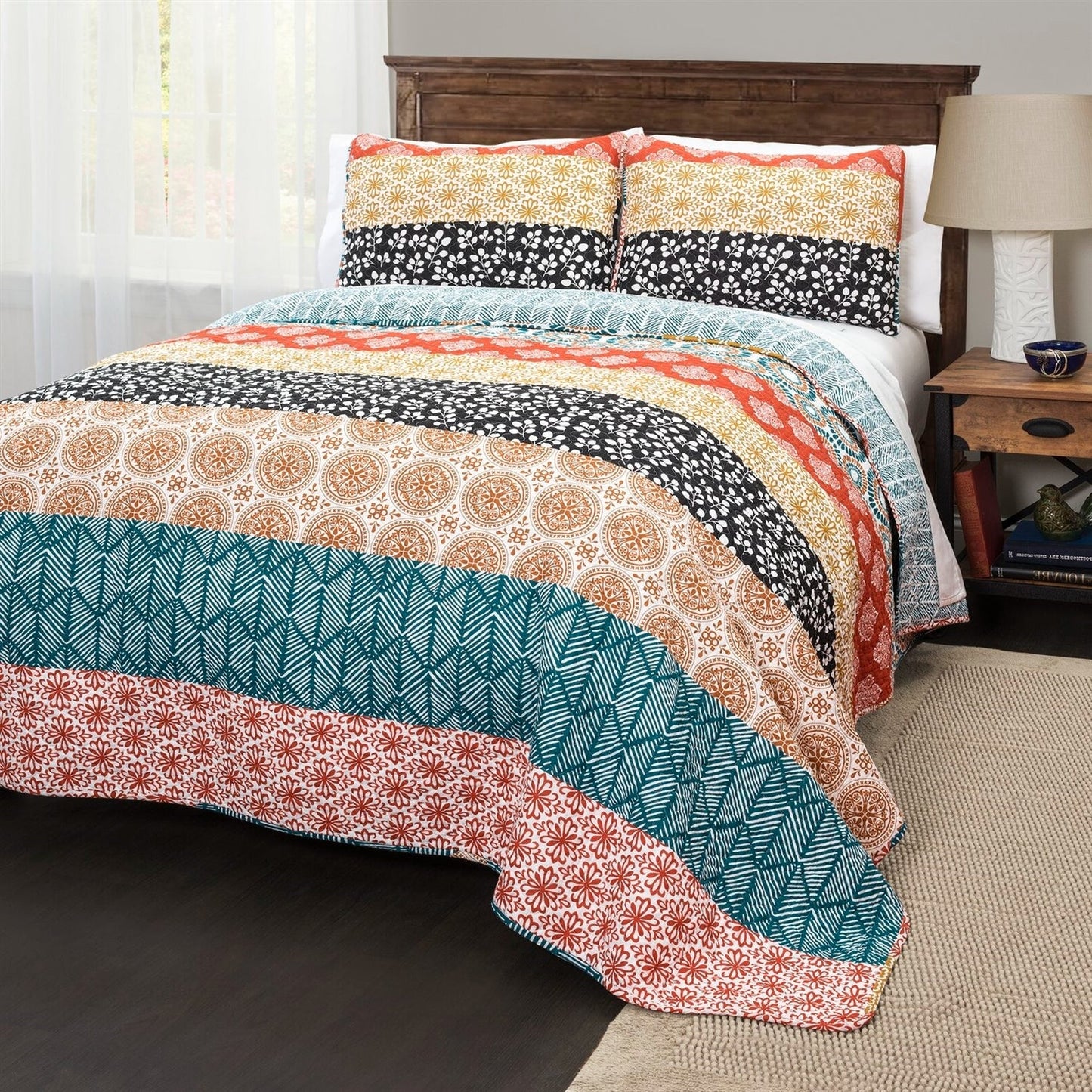 Juego de edredón reversible de 3 piezas, tamaño King, de algodón, con rayas bohemias en turquesa y naranja