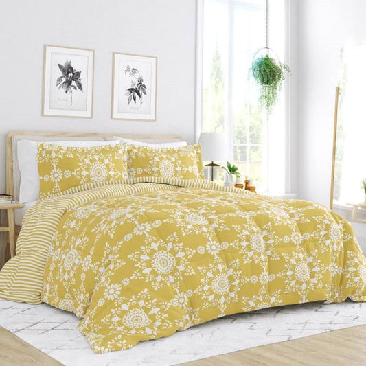 Juego de edredón King Size de 3 piezas, amarillo, reversible, diseño de medallón de margarita a rayas