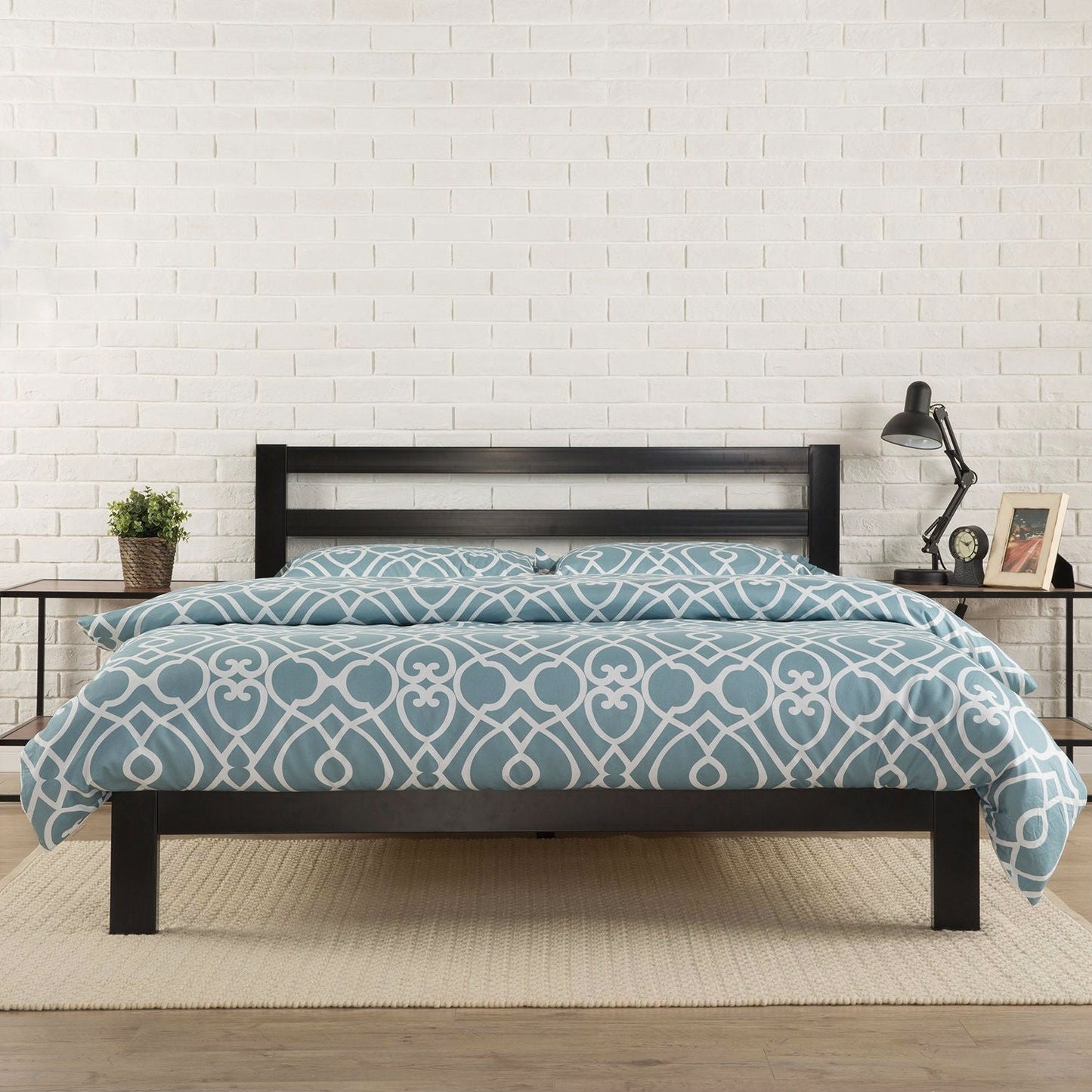 Base de cama de plataforma de metal resistente tamaño King con cabecero y listones de madera