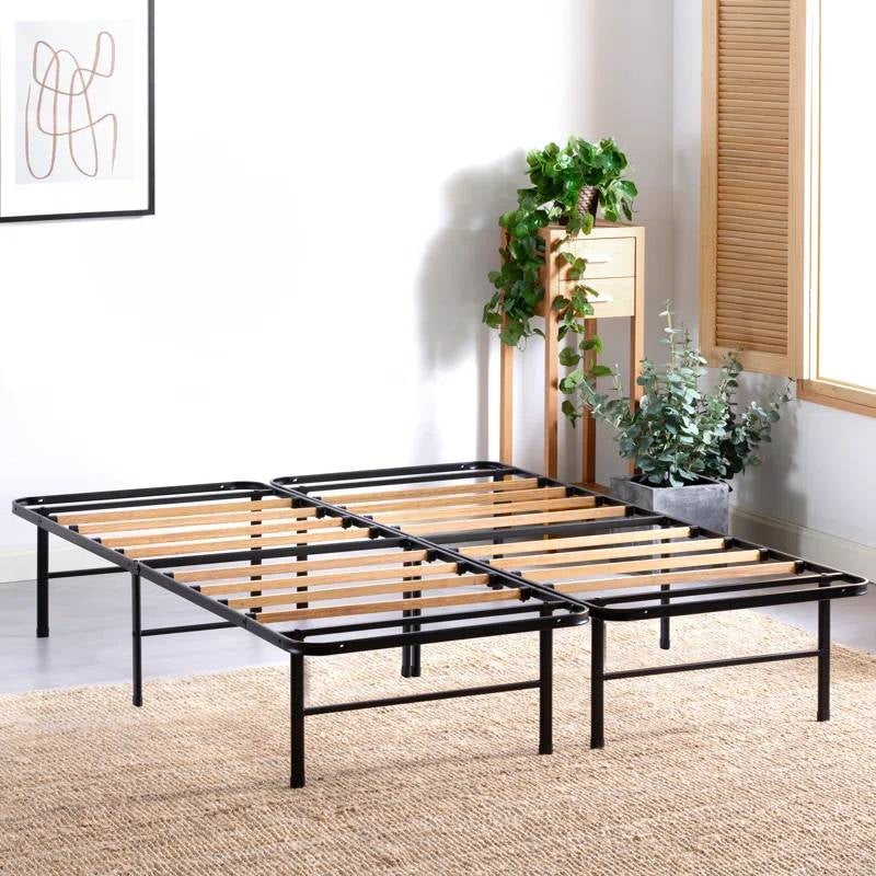 Estructura de cama King size de metal con láminas de madera de bambú