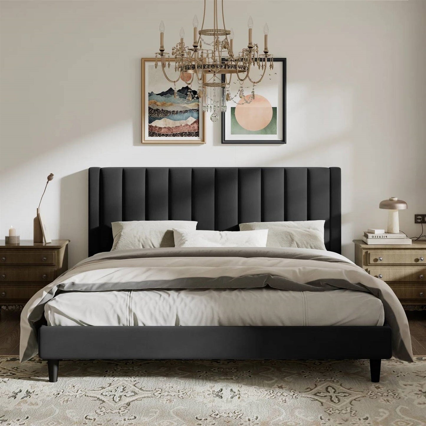 Cama moderna de plataforma tamaño King tapizada en terciopelo negro con cabecero