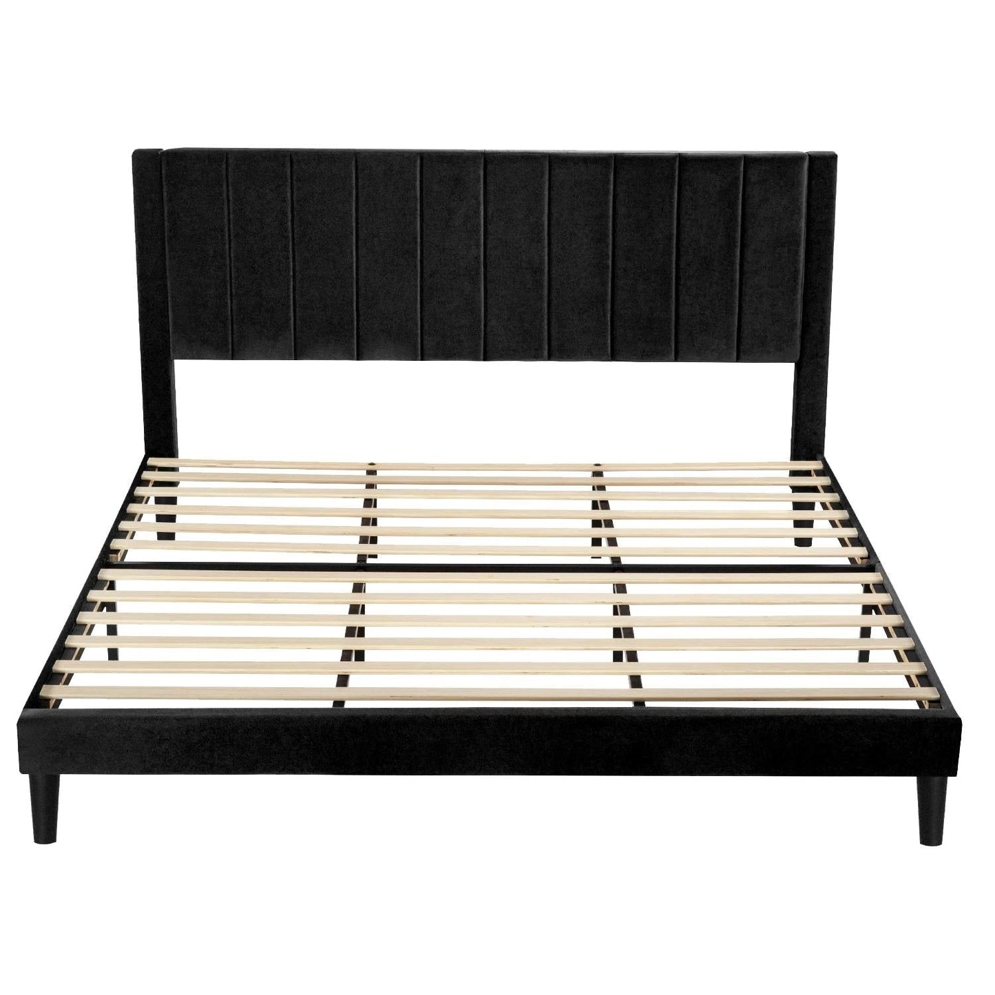 Cama moderna de plataforma tamaño King tapizada en terciopelo negro con cabecero