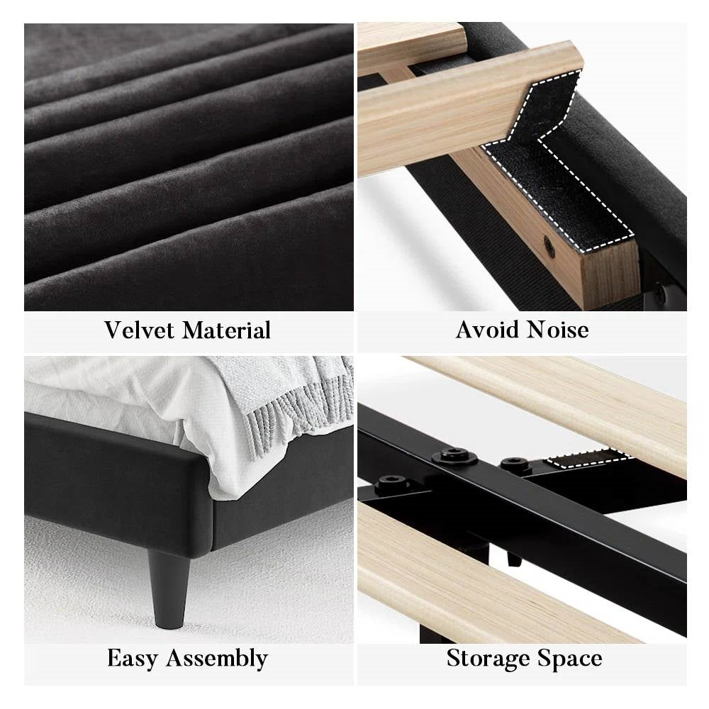 Cama moderna de plataforma tamaño King tapizada en terciopelo negro con cabecero